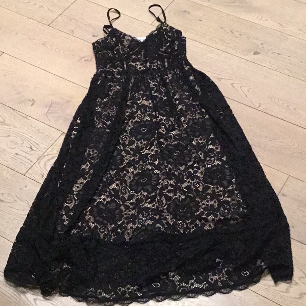 Woman’s NSR black lace midi fully lined dress. Small. Adjustable straps.Like new